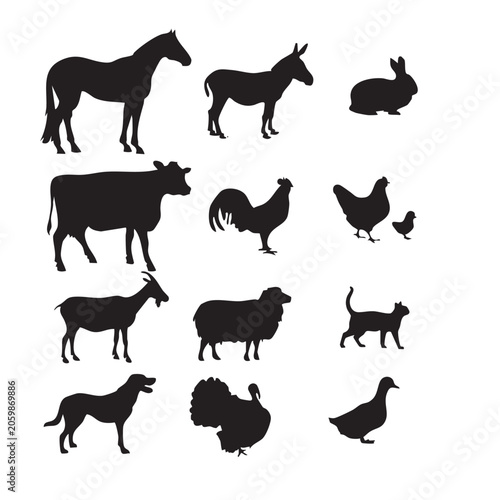 Farm animals and pets silhouette vector illustration set, minimalist black domestic livestock icon collection, countryside cattle and poultry shapes isolated on white background