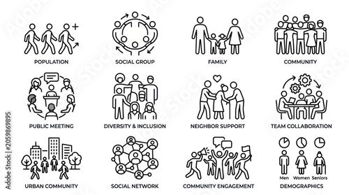 Social community and population demographic line icon set.