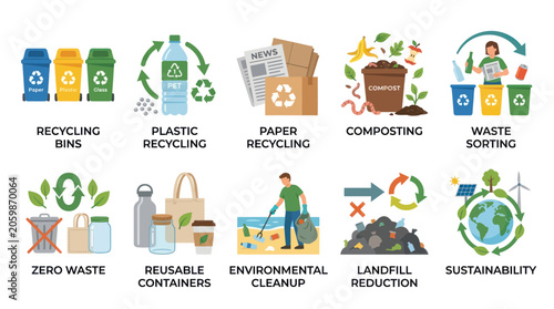 Sustainable living and eco-friendly waste recycling icons.