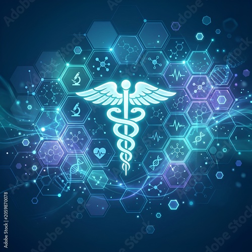 Caduceus Medical Symbol with Science and Technology Network on Blue Background