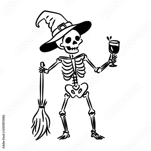 skeleton with witch hat and broom holding a glass