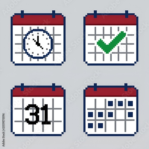 Pixel Art Calendar Icons: Time, Task, Date, Schedule