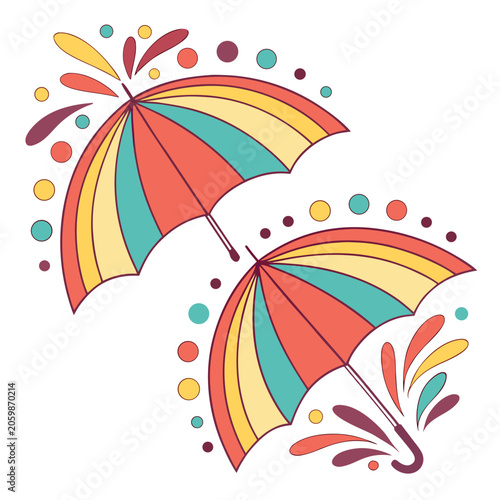Colorful illustration of two multicolored umbrellas with decorative splashes and dots