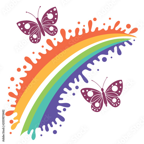 Vibrant rainbow with purple butterflies and colorful paint splatters