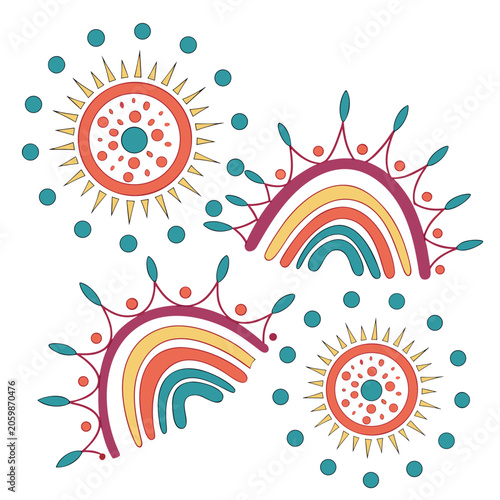 Colorful illustration of suns and rainbows with leaves and dots