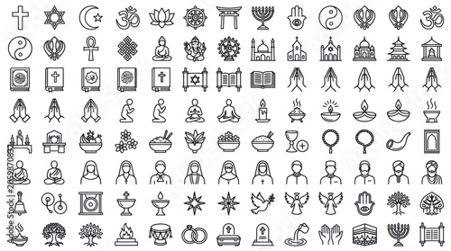 Valokuva Universal religious and spiritual symbols thin line icons.