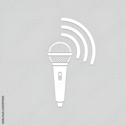 White Microphone Icon with Sound Waves on Gray Background