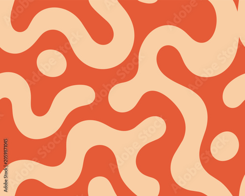 Seamless retro 70s abstract pattern featuring groovy wavy fluid lines and organic liquid shapes in warm burnt orange and beige colors. Perfect for vintage backgrounds, textiles, and modern wallpaper.
