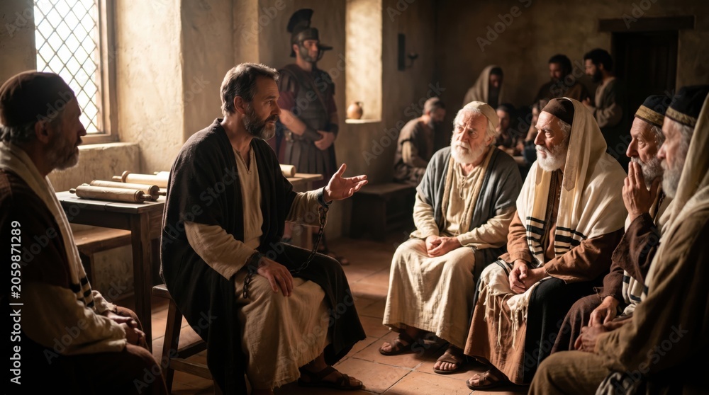 Obraz premium Apostle Paul preaching in Rome to Jewish people while under house arrest. Ancient biblical scene depicting evangelism of Jesus Christ. Religious history and teaching ministry concept.
