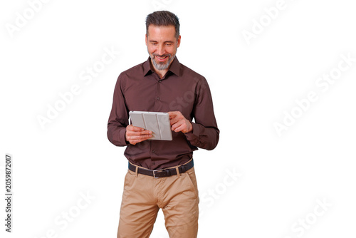 Professional man using digital tablet  smiling  standing  engaging with technology  transparent background