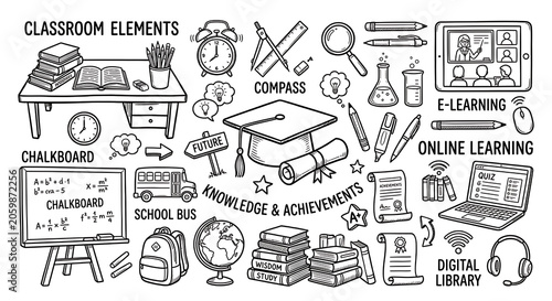 Black and white line art school icons and classroom elements