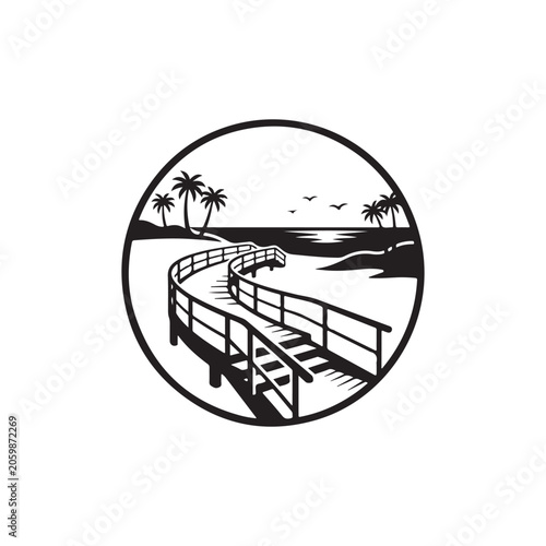 Black and white circular featuring a wooden boardwalk leading towards the ocean with palm trees on the sandy beach under a clear sky