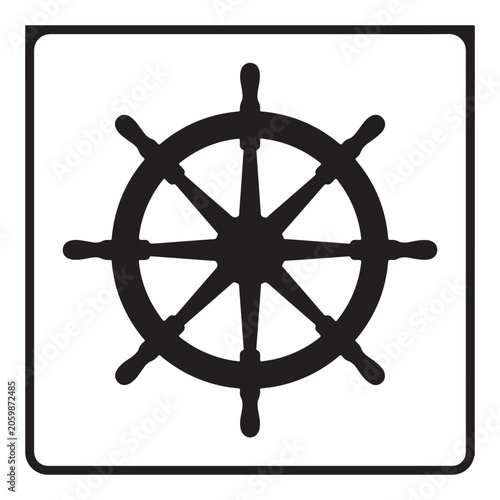 Black and white of a classic ship steering wheel inside a square frame, isolated on a white background, maritime