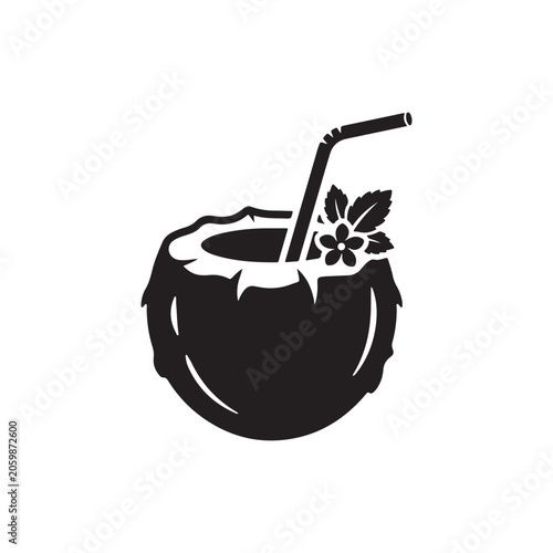 Black and white of a fresh coconut drink with a straw and tropical leaves and a flower garnish isolated on a white background, for summer