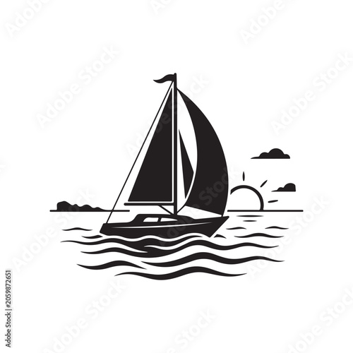 Black and white of a sailboat on wavy water with a sun, clouds, and distant land on a clean white background isolated