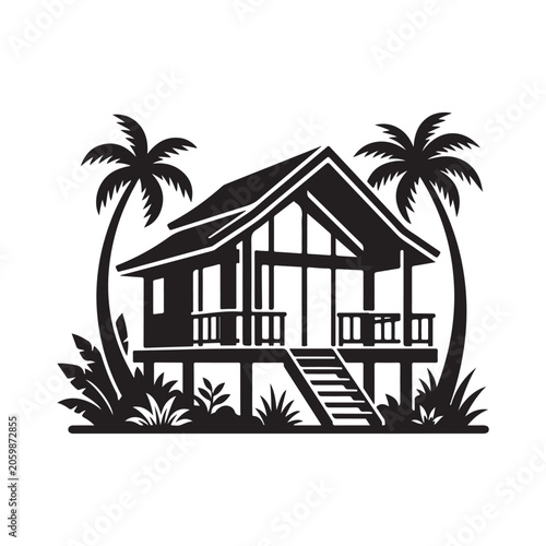 Black and white of a tropical beach house on stilts with palm trees and foliage, isolated on a clean white background