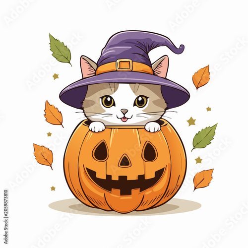 Cute Halloween Cat in Jack-o'-lantern with Witch Hat