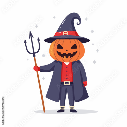 Halloween Pumpkin Character with Trident and Witch Hat