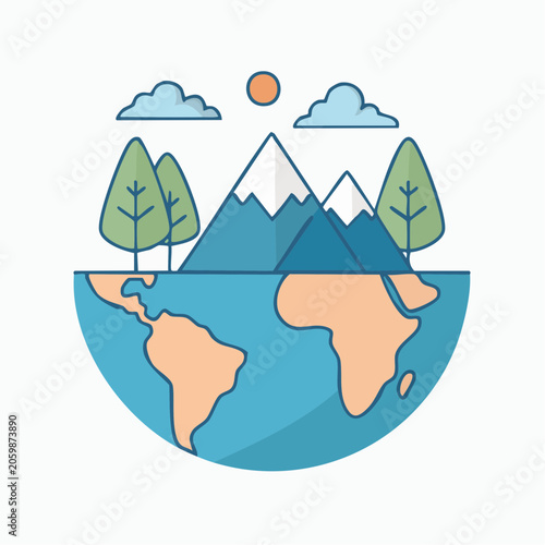 Illustration of Earth with Mountains, Trees, and Clouds