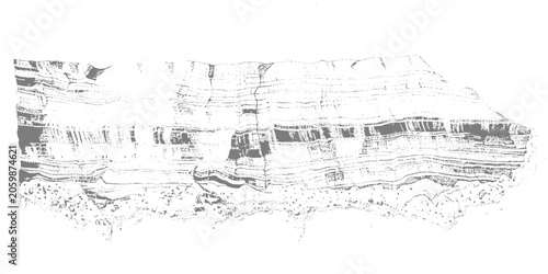 Flowing topographic contour lines forming wavy layers, minimalist black line art on white, abstract terrain pattern, clean and organic style. Abstract layered rock formation in horizontal bands.