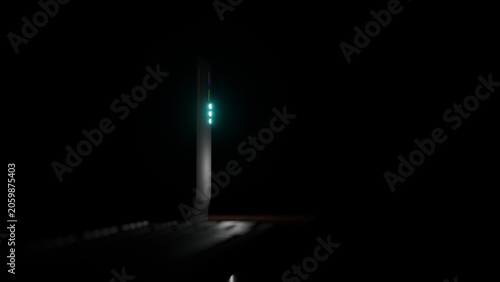 Laptop keyboard with CPU tower glowing in the dark (3D Rendering)