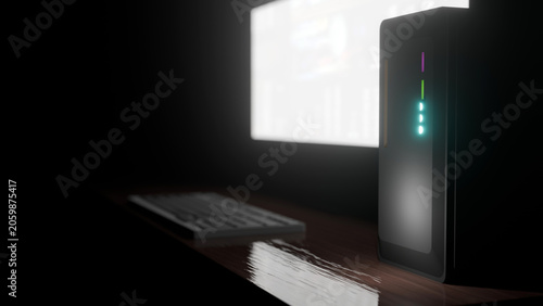 Black CPU tower with blur keyboard and keyboard on a wooden desk (3D Rendering)