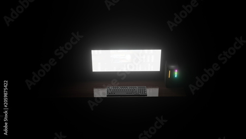 Bright computer display, keyboard and tower on a wooden table in a dark room (3D Rendering)