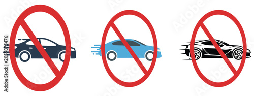Obraz na płótnie Prohibition signs with fast moving cars on white background highlighting traffic