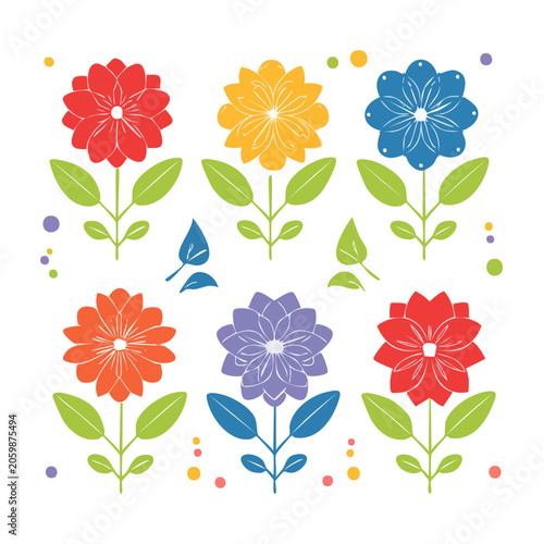 Colorful flat design flowers with leaves and dots