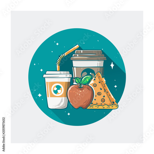 Flat design illustration of coffee, apple, and cookie