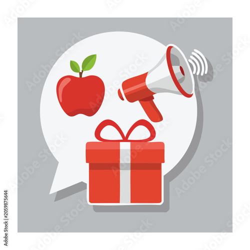 Flat design illustration of gift box, megaphone, and apple in speech