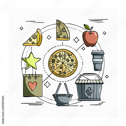 Flat design illustration of pizza and related icons