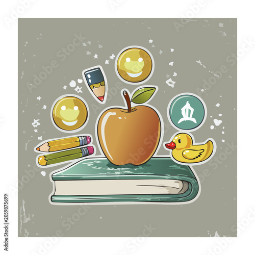 Flat illustration of apple on book with school supplies