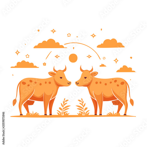 Two Orange Cows in Flat Design Illustration