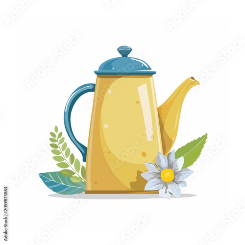 Yellow watering can with flower and leaves illustration
