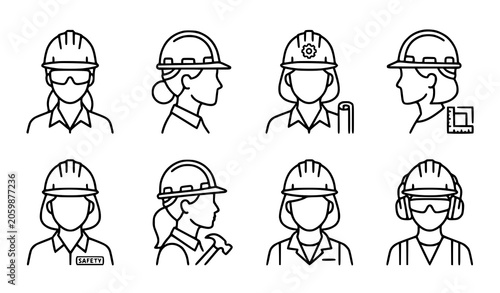 Women construction worker head with safety hard hat outline icon set vector