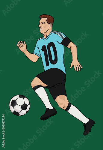 Vector Illustration of a Football Player Playing with Ball on a Green Grass Field Background. 