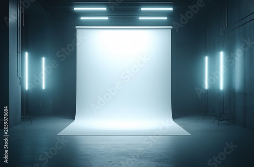 A large white screen in a studio with lighting