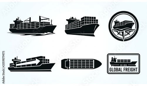 Freight Container Vessel Silhouette Vector Logo Set