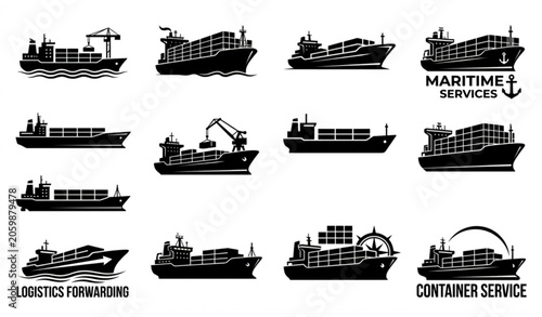 Cargo Container Ship Silhouette Logo Vector Set
