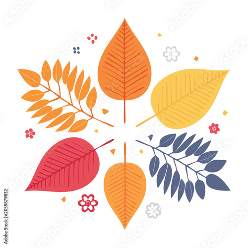 Colorful autumn leaves and flowers flat illustration