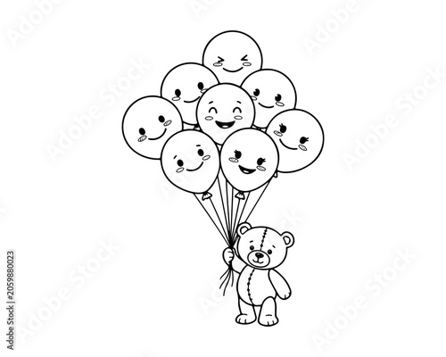 Cute Teddy Bear with Kawaii Balloons Line Art Illustration