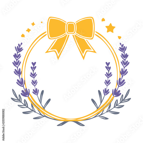 Flat design wreath with yellow bow and lavender leaves