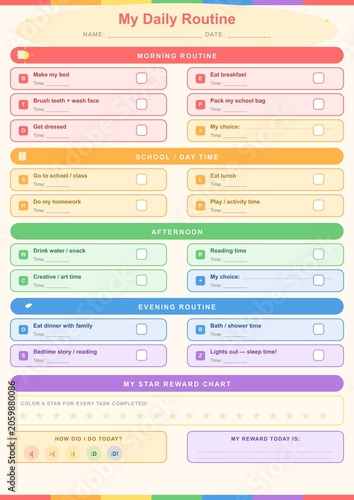 Colorful Children's Daily Routine and Reward Chart Template