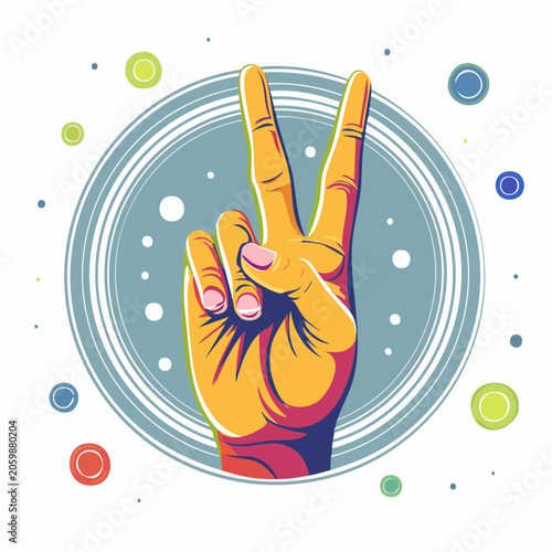 Victory Hand Gesture with Colorful Circles