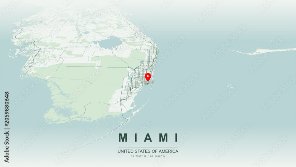 Obraz premium Modern minimalist vector map of Miami, Florida, USA. High-quality scalable illustration of Miami Downtown and Brickell city grid, Biscayne Bay artificial islands layout for posters design.