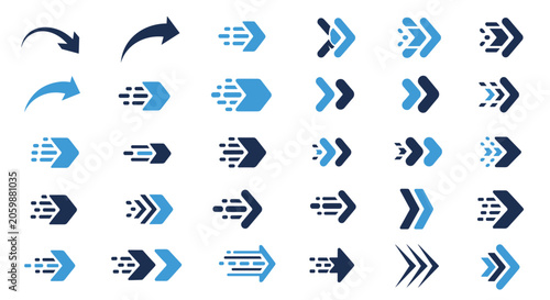 Modern collection of dynamic arrow icons in blue shades featuring different designs for navigation, interface buttons, and showing fast motion.