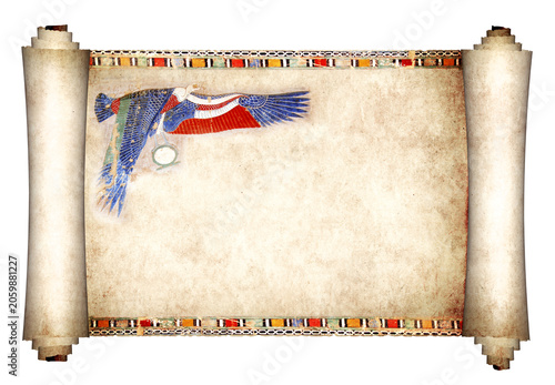 3d papyrus with egyptian eagle and ankh, creating a sense of grandeur and regality. Old parchment with eagle. Isolated on white. Ancient scroll that evokes atmosphere of Egypt. Copy space for text