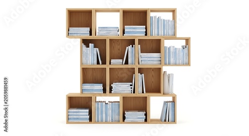 Modern wooden bookcase filled with books against white background, bookcase