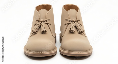 Pair of tan suede desert boots with tassel accents footwear accessory